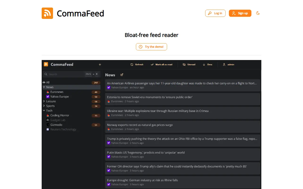 CommaFeed homepage screenshot