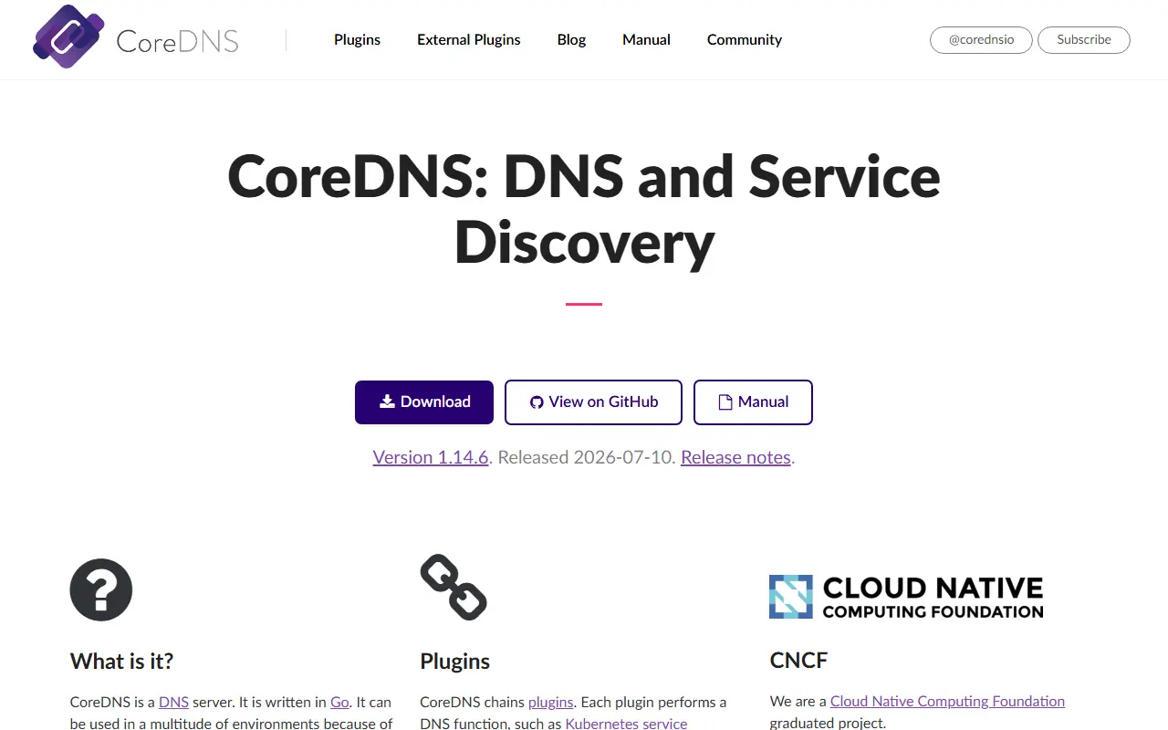 CoreDNS homepage screenshot