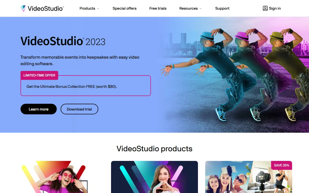 Corel VideoStudio homepage screenshot