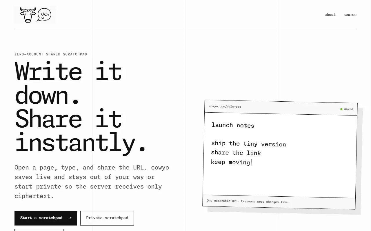 Cowyo homepage screenshot