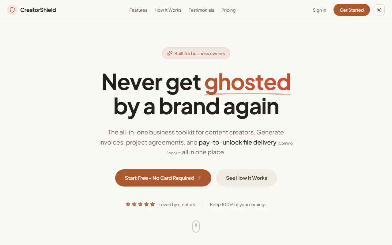 CreatorShield homepage screenshot