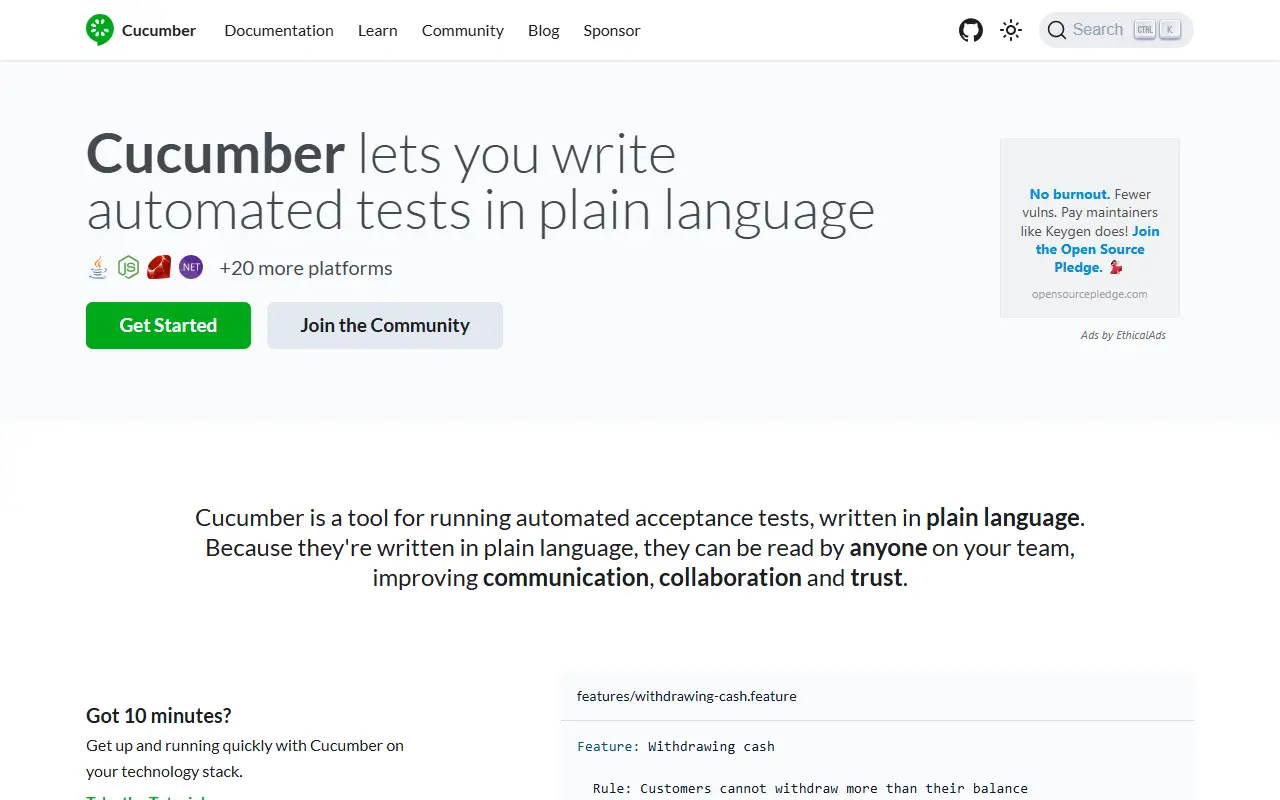 Cucumber Js homepage screenshot