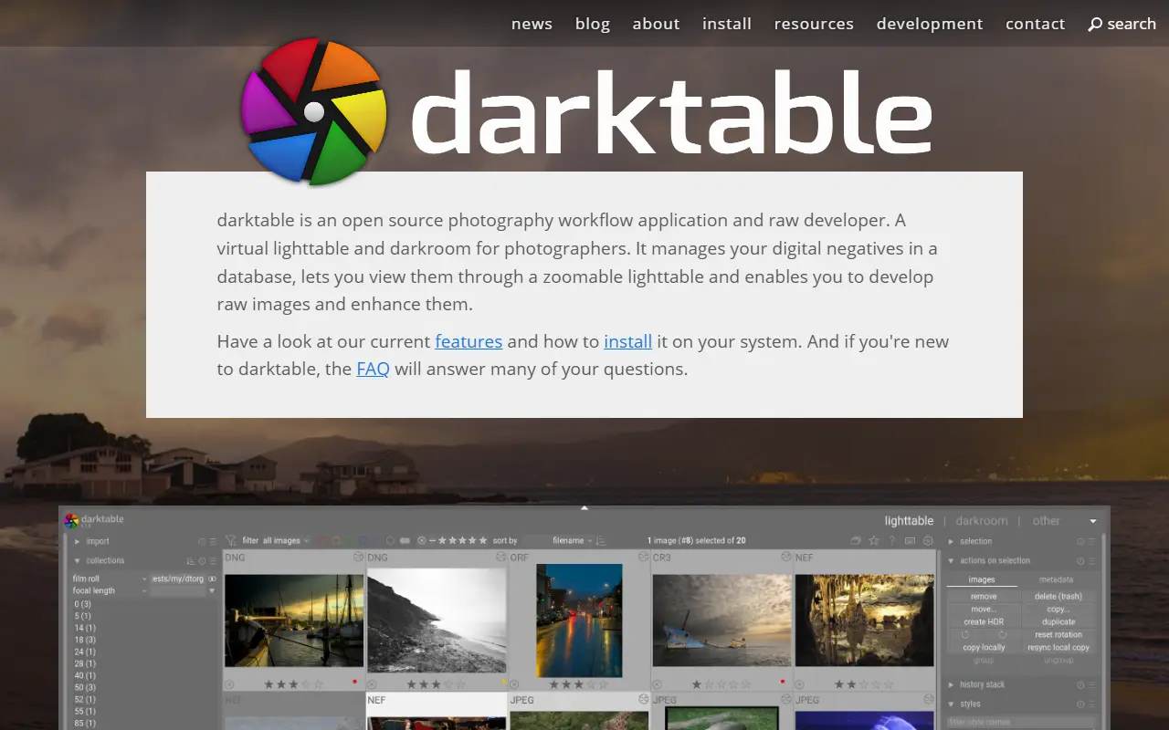 Darktable homepage screenshot