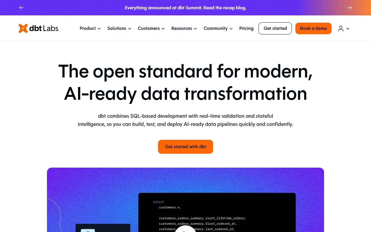 dbt homepage screenshot