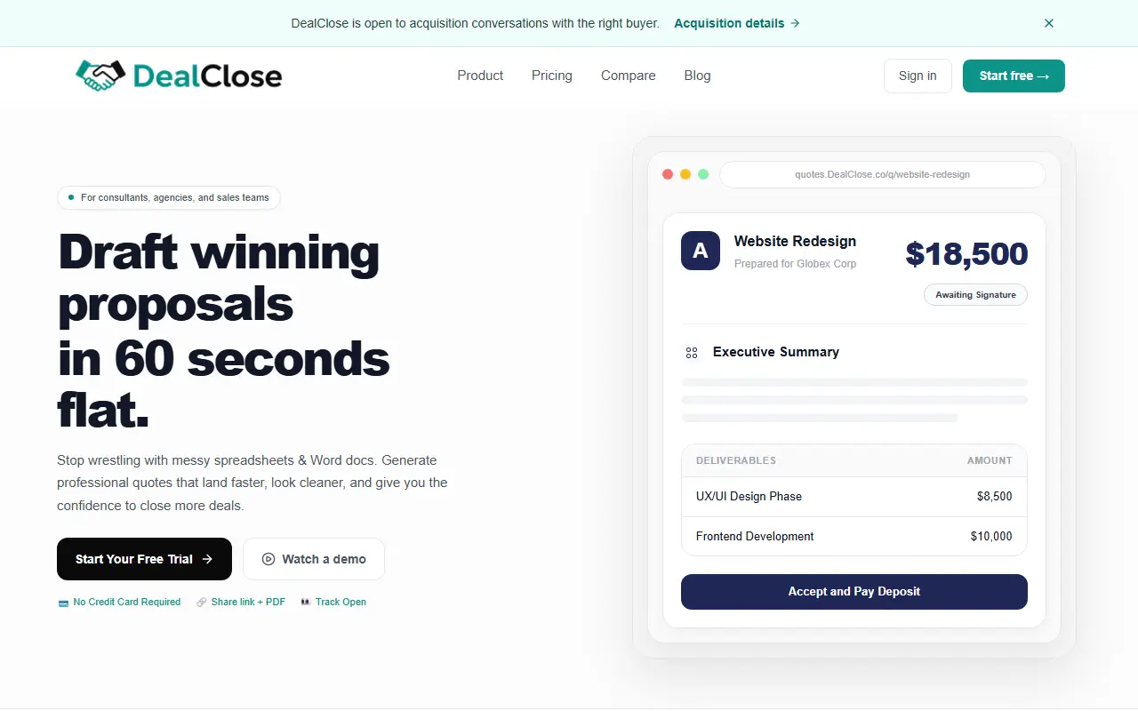 DealClose homepage screenshot