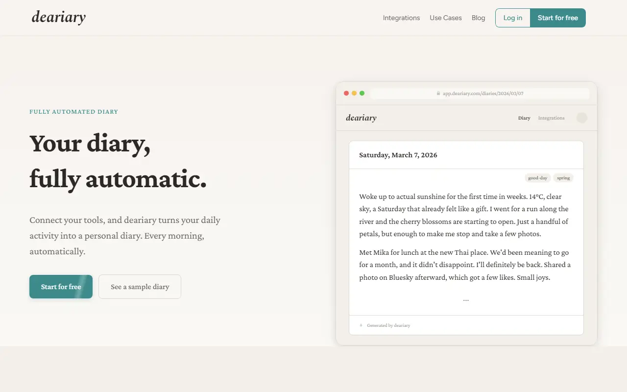 deariary homepage screenshot