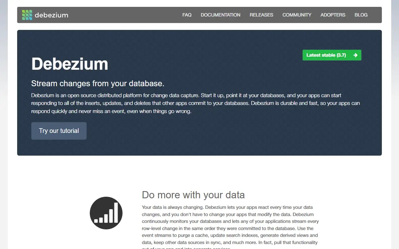 Debezium homepage screenshot