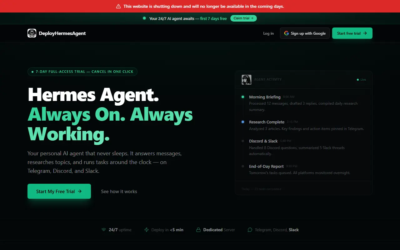 DeployHermesAgent homepage screenshot