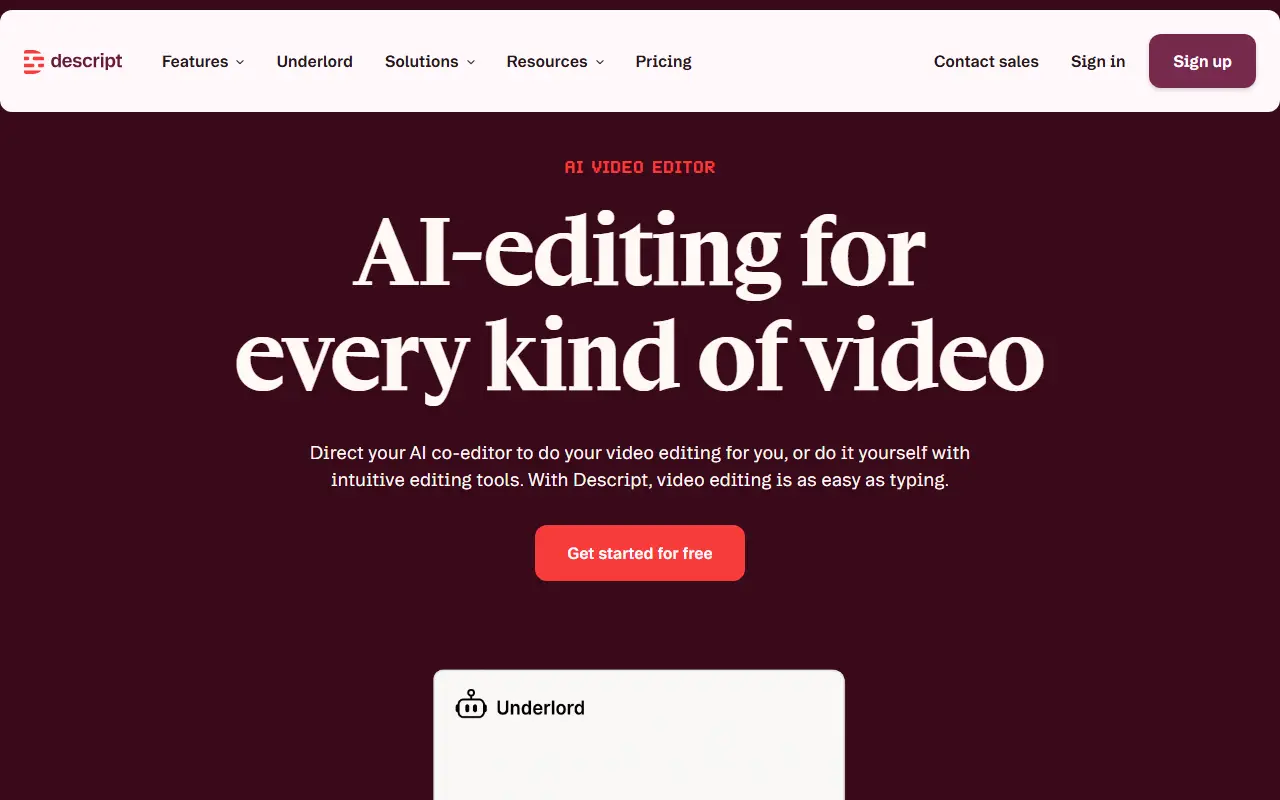 Descript homepage screenshot