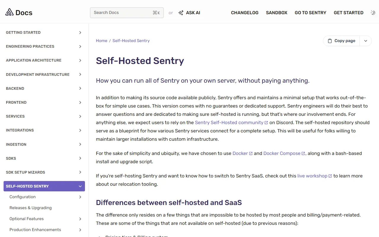 Sentry homepage screenshot