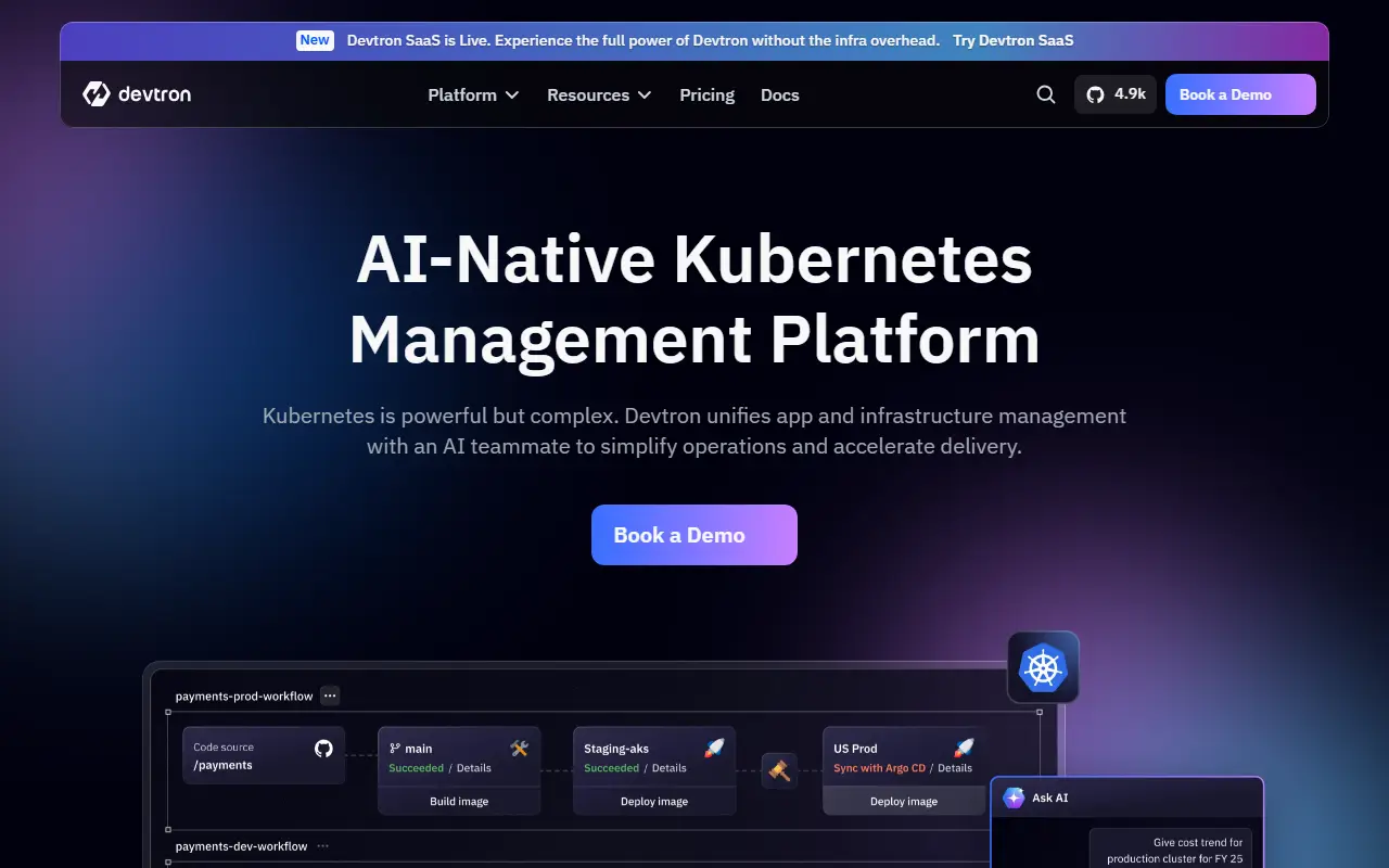 Devtron homepage screenshot