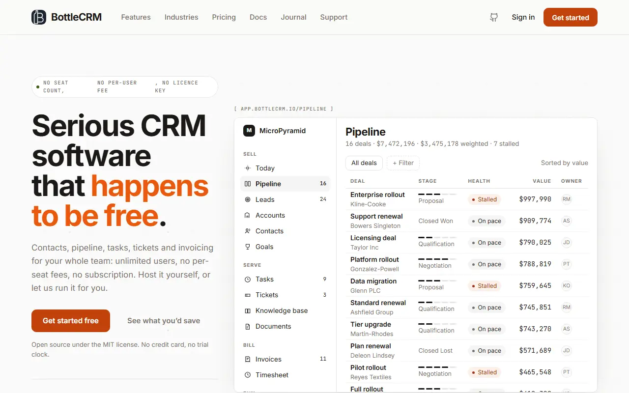BottleCRM homepage screenshot