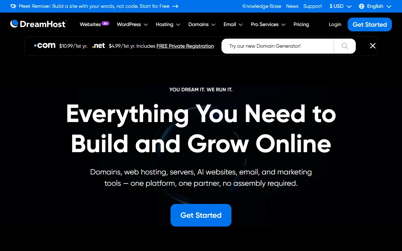 DreamHost homepage screenshot