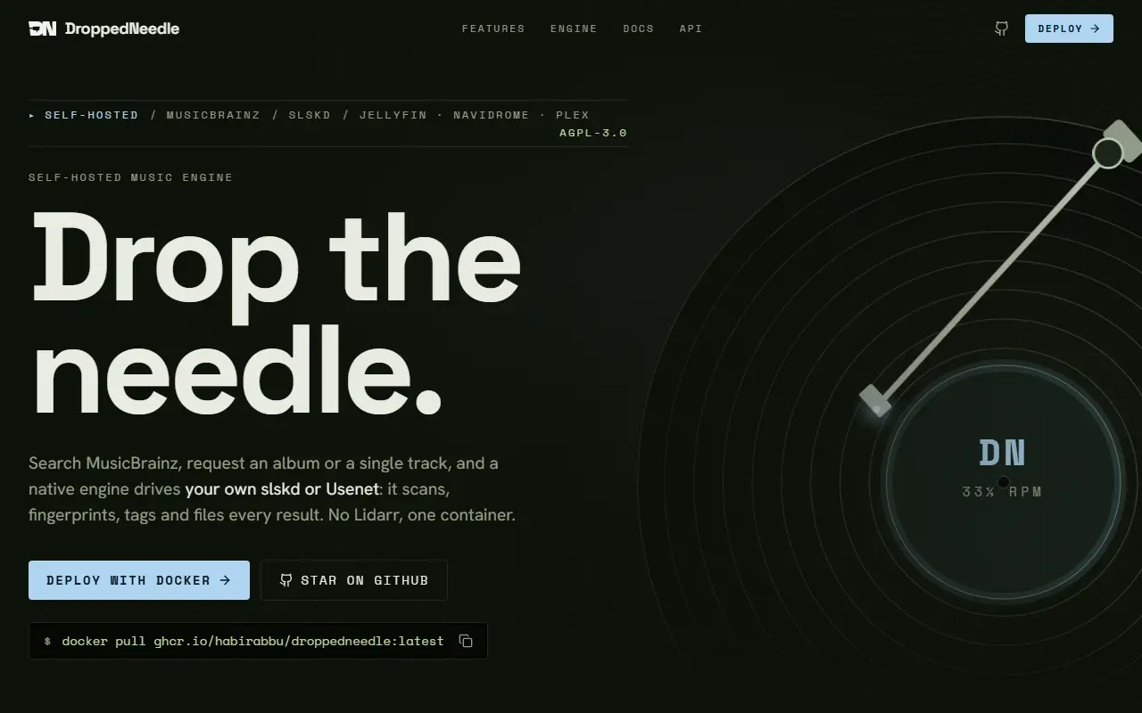 DroppedNeedle homepage screenshot