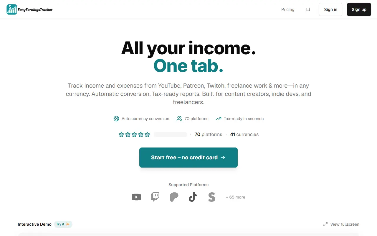 Easy Earnings Tracker homepage screenshot