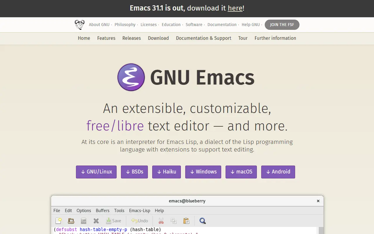 GNU Emacs homepage screenshot