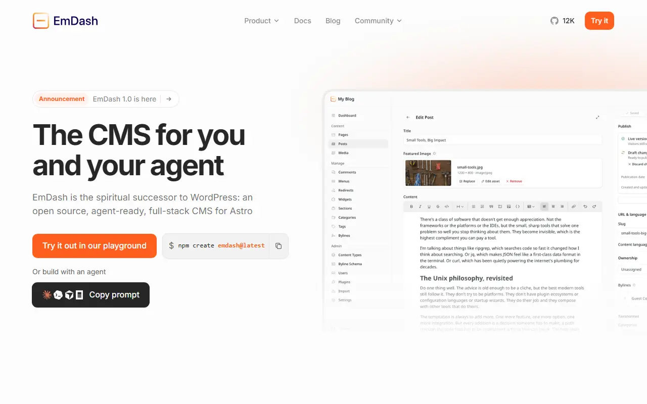 EmDash homepage screenshot
