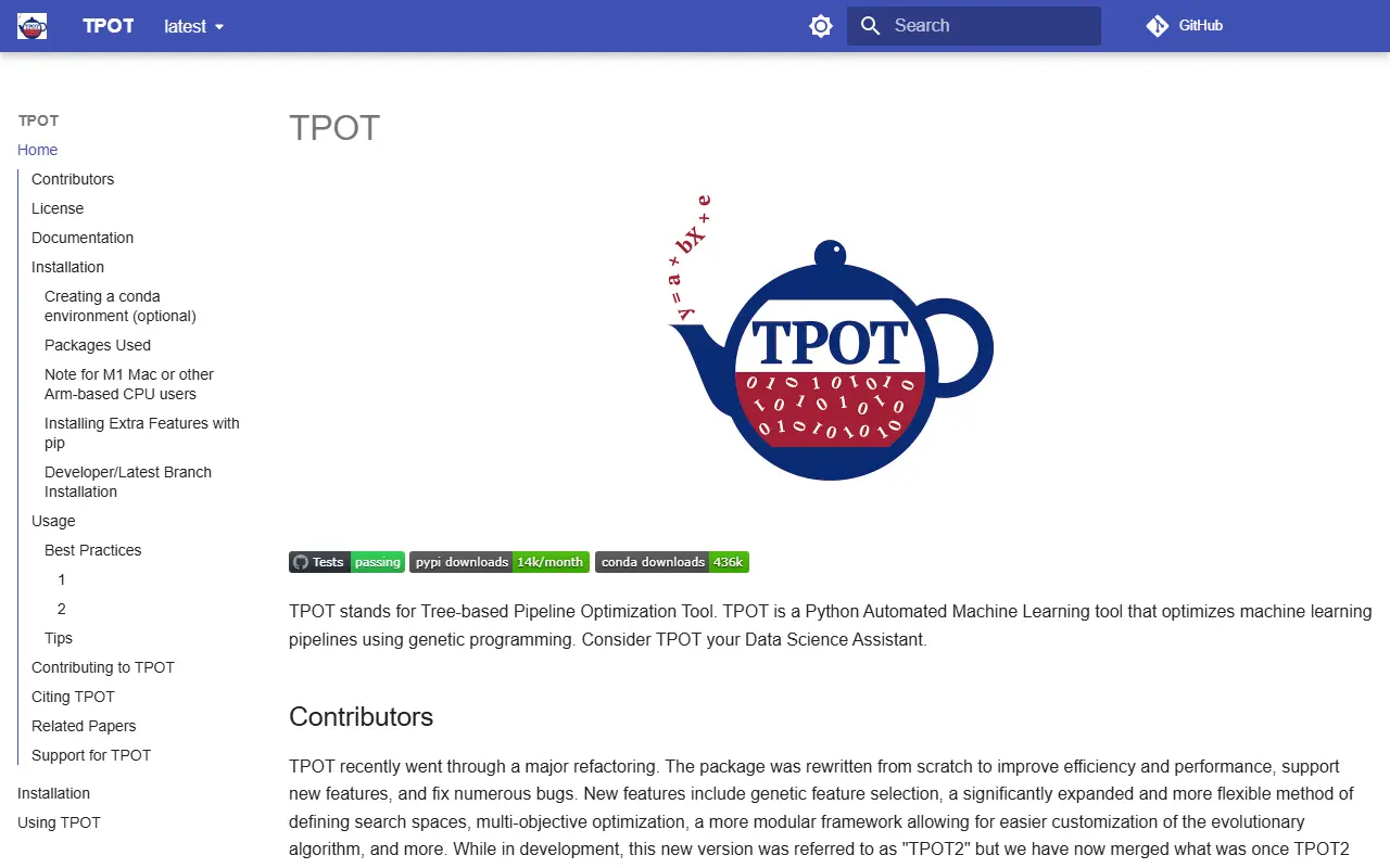 TPOT homepage screenshot