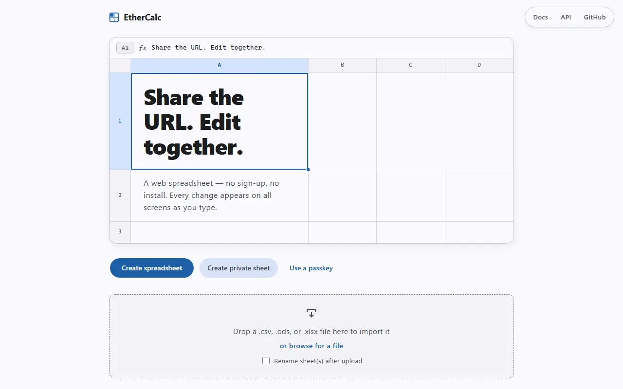EtherCalc homepage screenshot