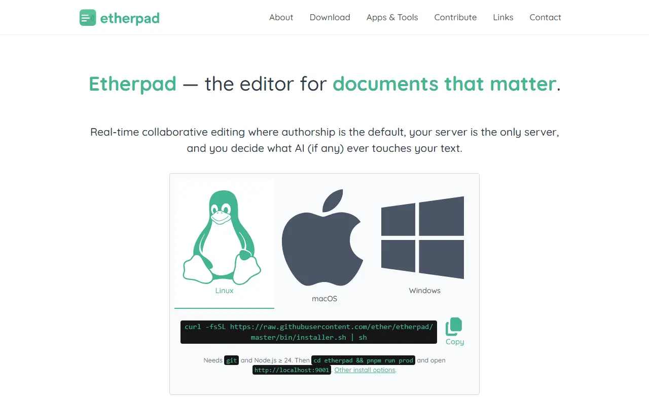 Etherpad homepage screenshot