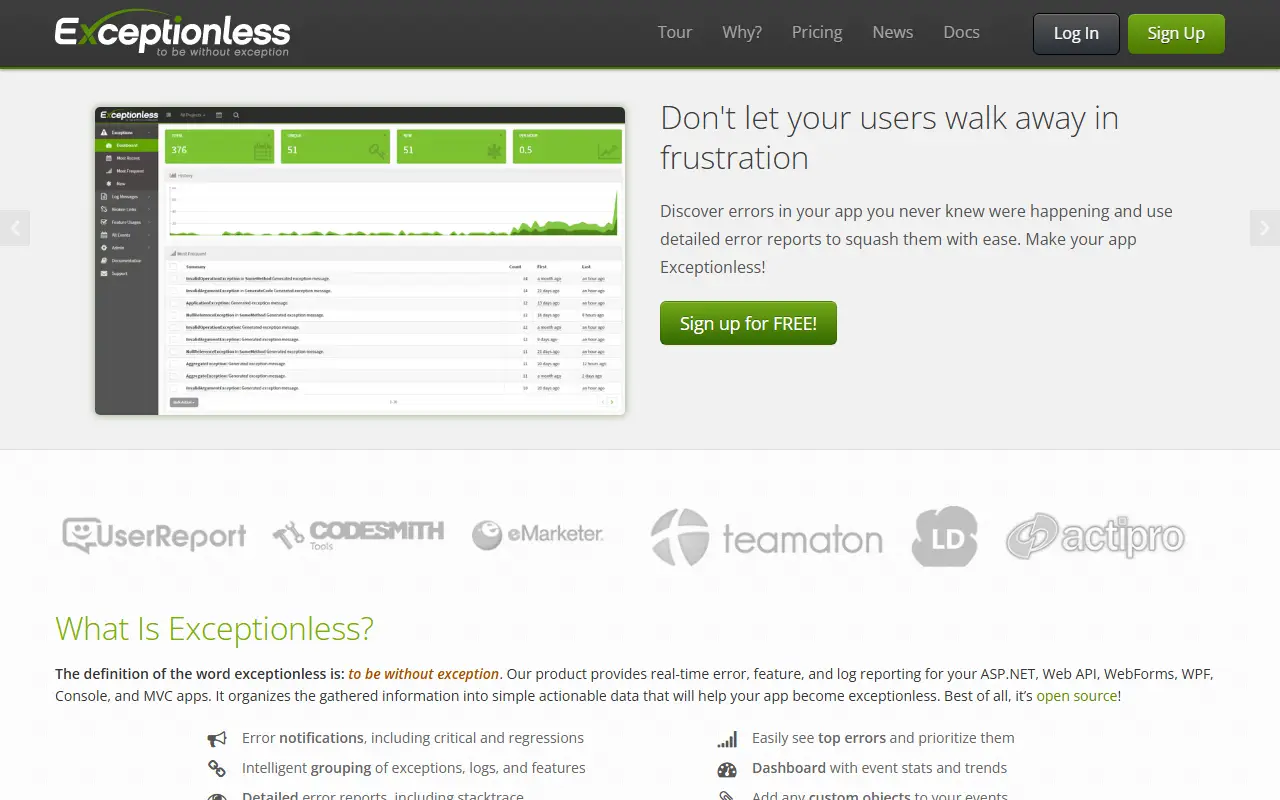 Exceptionless homepage screenshot