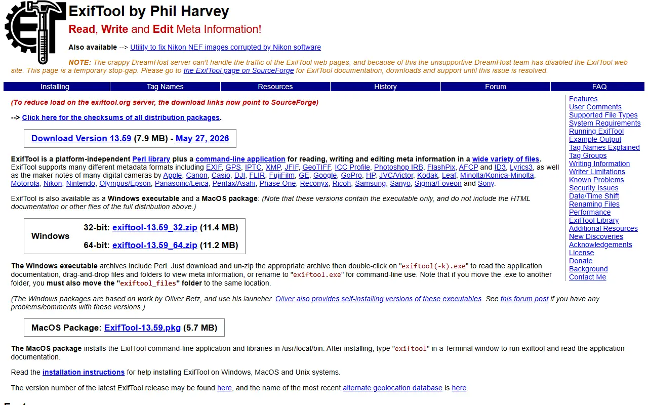 ExifTool homepage screenshot