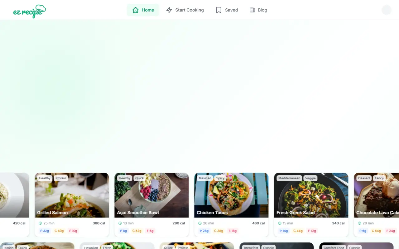 EzRecipe homepage screenshot