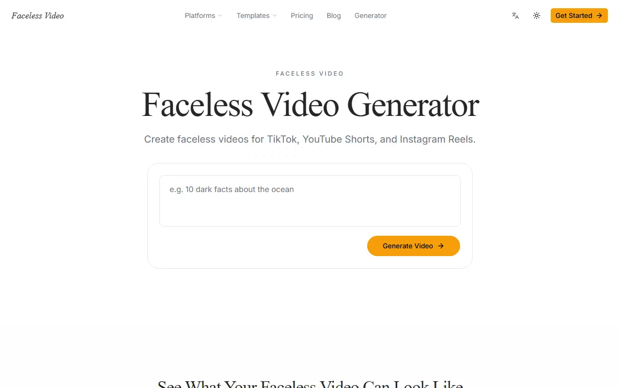 Faceless Video homepage screenshot