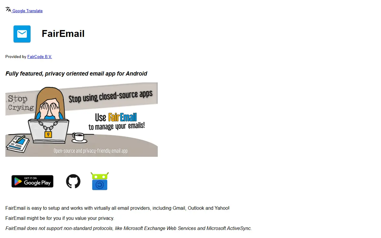 FairEmail homepage screenshot