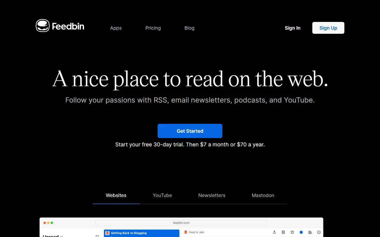 Feedbin homepage screenshot