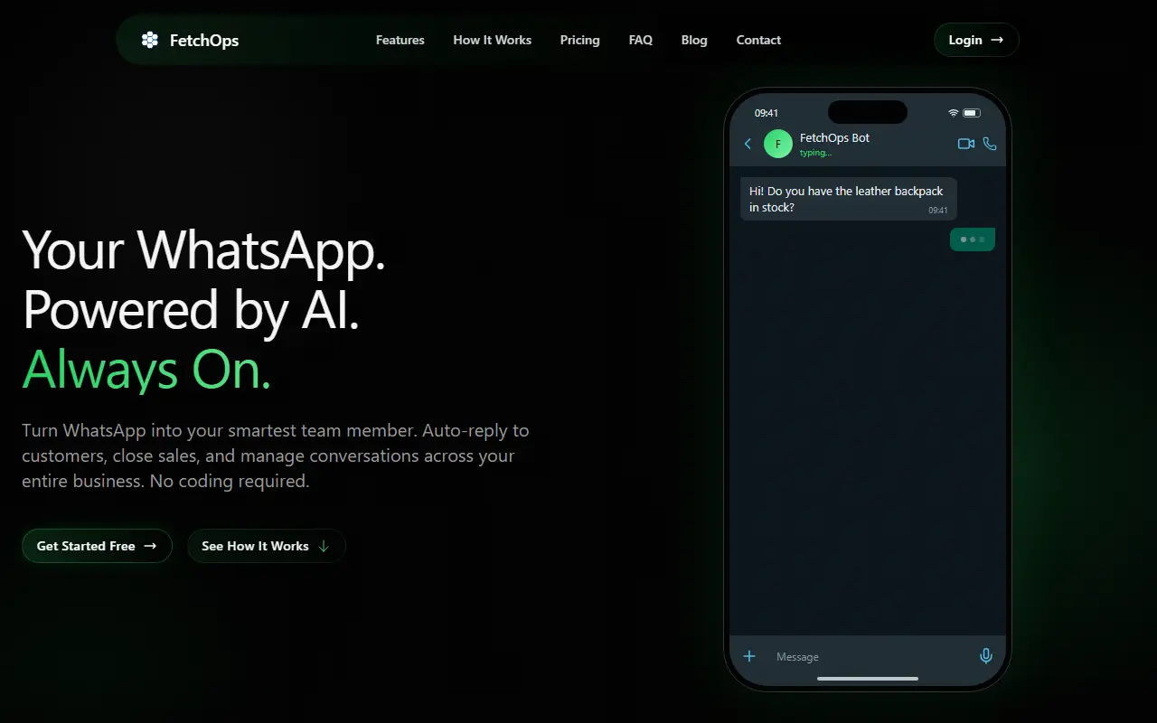 FetchOps WhatsApp Bot homepage screenshot