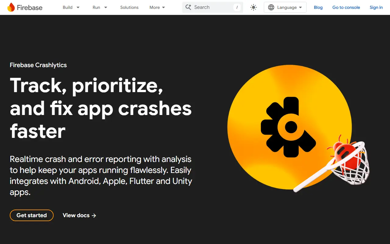 Firebase Crashlytics homepage screenshot