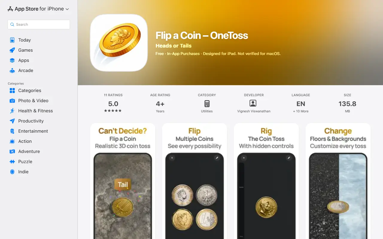 Flip a coin homepage screenshot