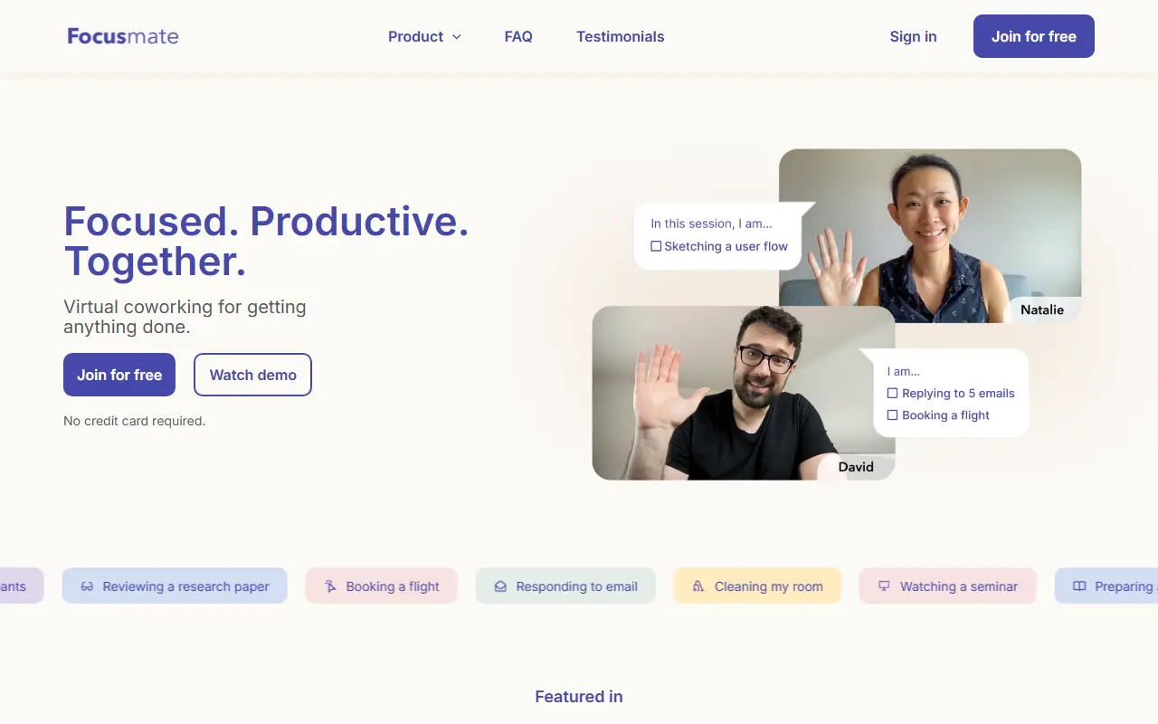 Focusmate homepage screenshot