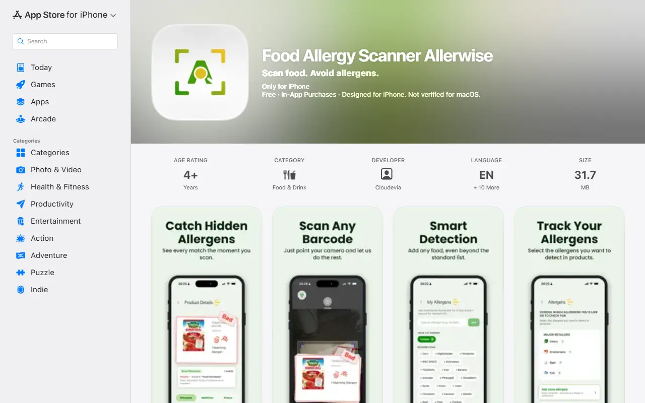 Food Allergy Scanner Allerwise homepage screenshot