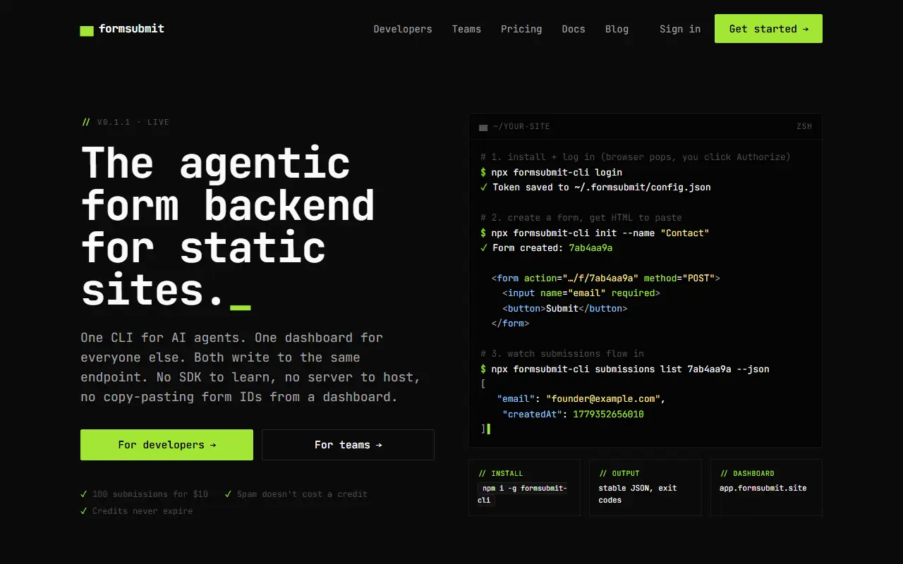 Formsubmit homepage screenshot