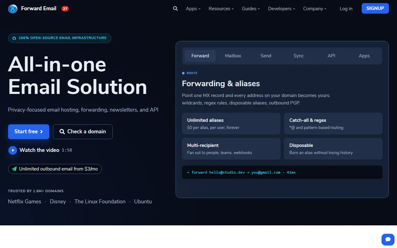 Forward Email homepage screenshot
