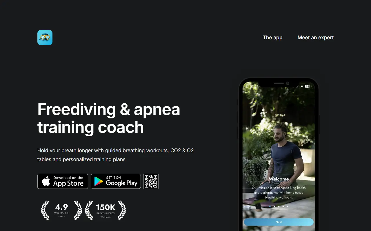 Freedive and Apnea Training App homepage screenshot