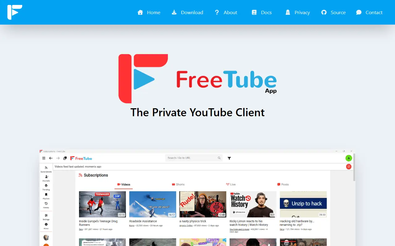 FreeTube homepage screenshot