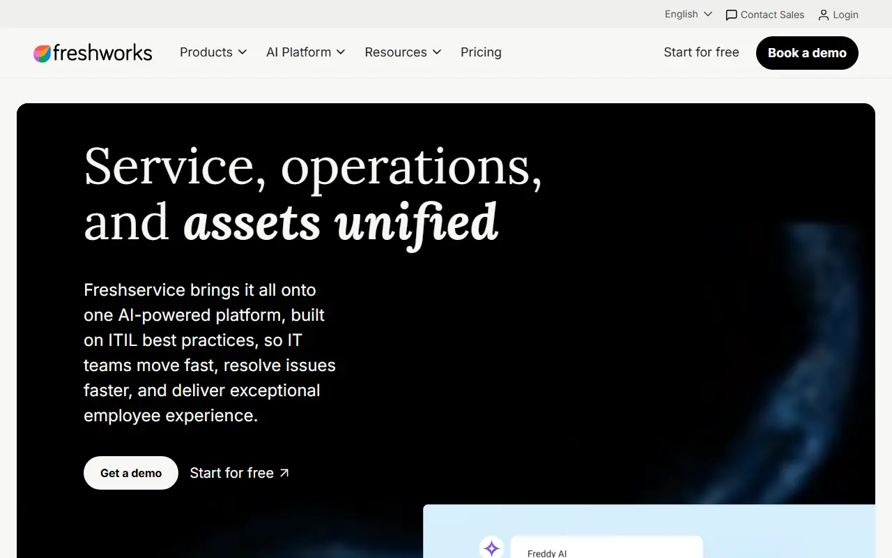 Freshservice homepage screenshot