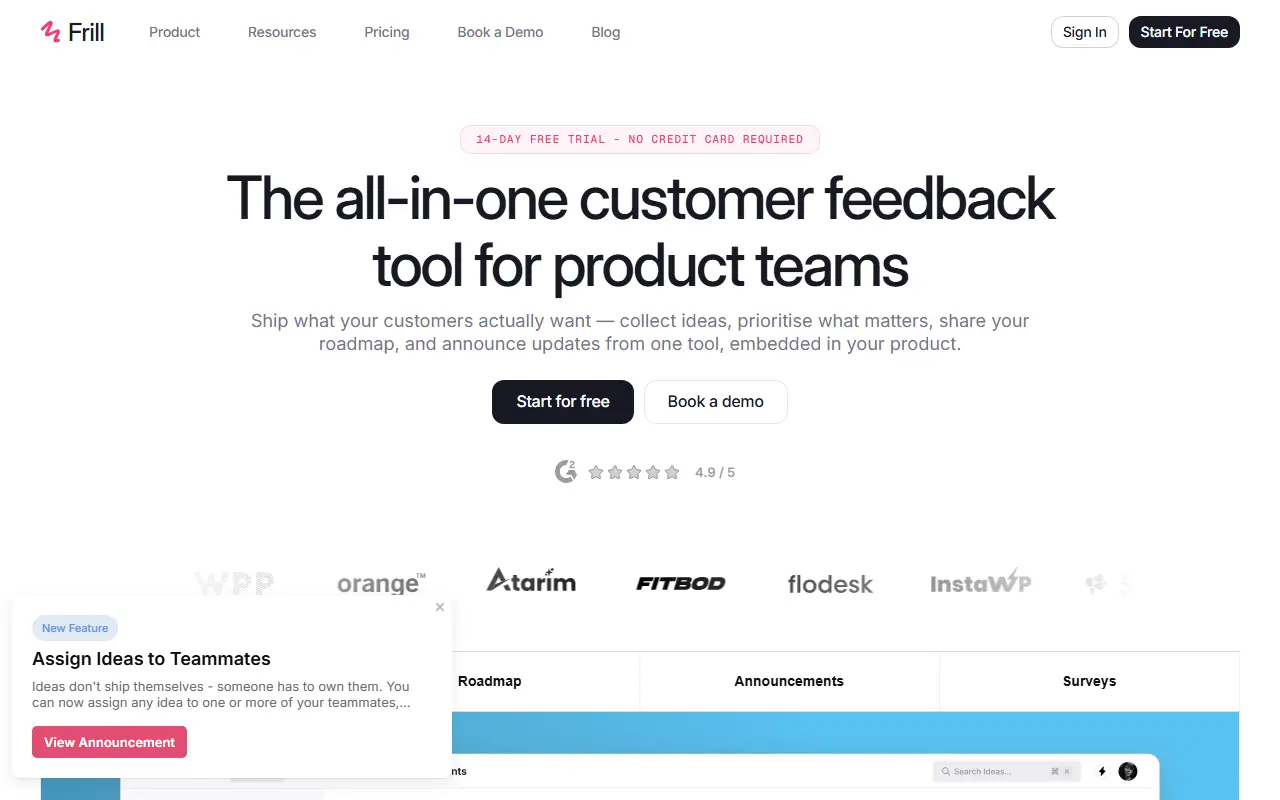 Frill homepage screenshot
