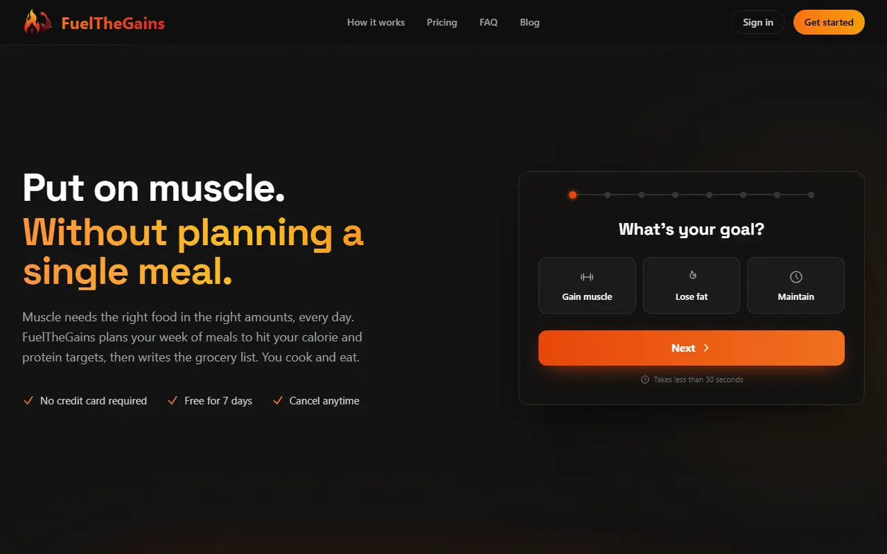 FuelTheGains homepage screenshot