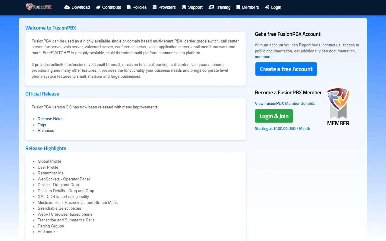 FusionPBX homepage screenshot