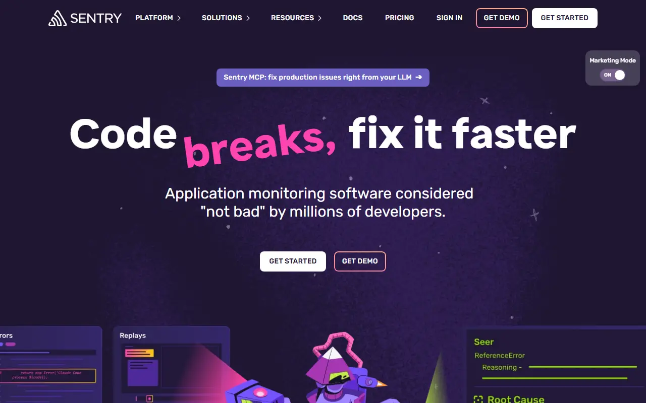 Sentry homepage screenshot