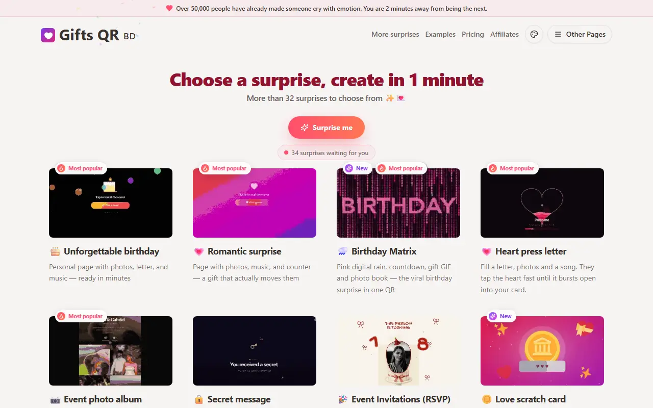 Gifts Qr homepage screenshot