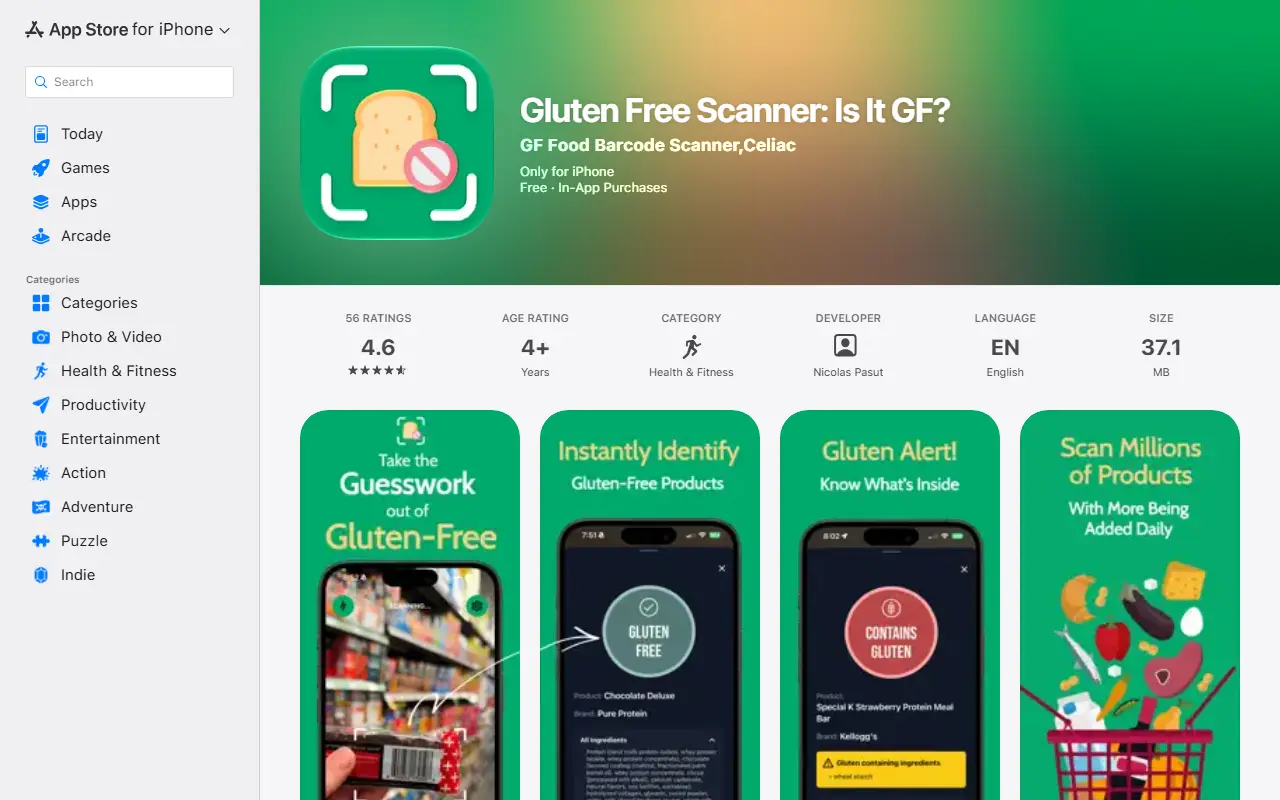 Gluten Free Scanner homepage screenshot
