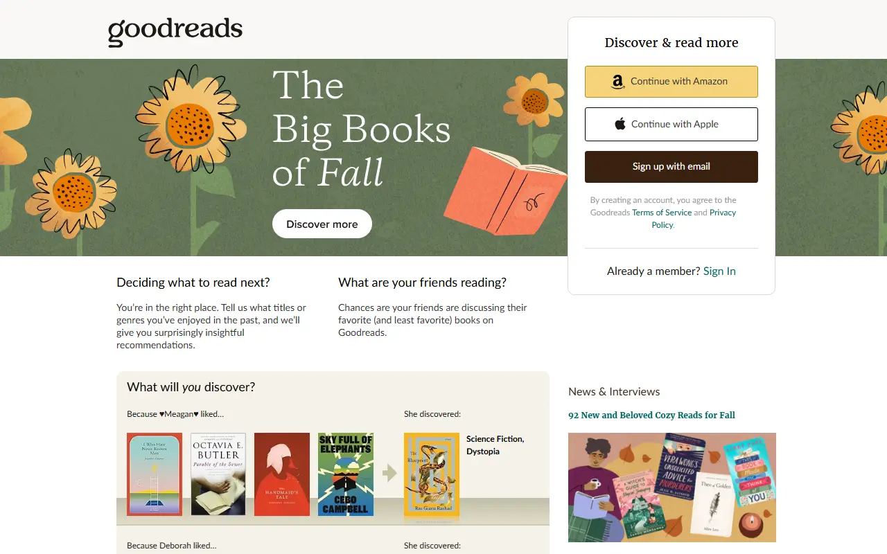 Goodreads homepage screenshot