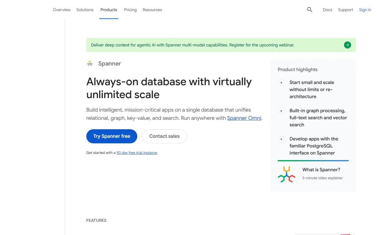 Google Cloud Spanner homepage screenshot