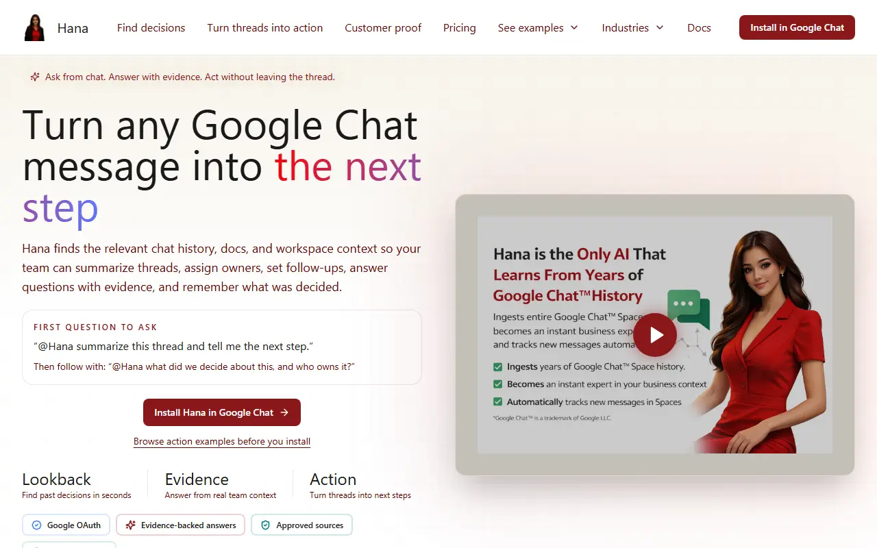Hana AI homepage screenshot