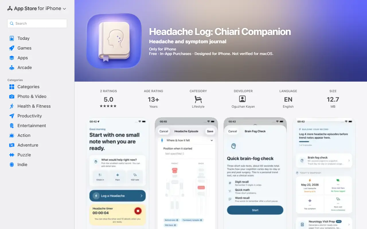 Headache Log: Chiari Companion homepage screenshot